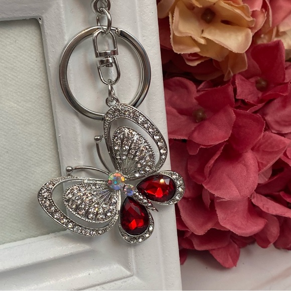 Silver and Ruby Red Crystal Butterfly Keychain Charm - Picture 5 of 16